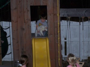 Cannoli, a Bichon Frise, going down a slide with a child.