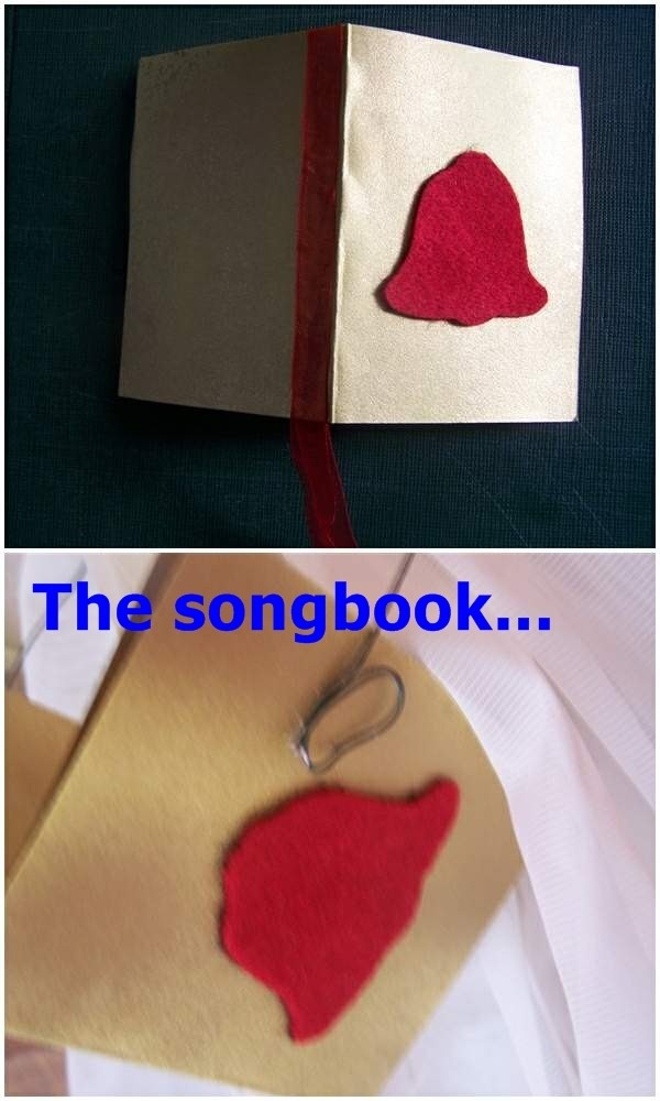 Two photos of making the song book.