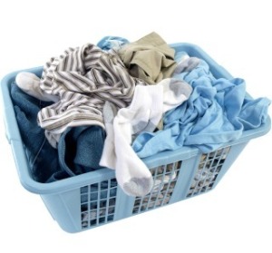 A plastic basket of laundry.