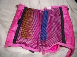 A pencil pouch used to store cosmetics