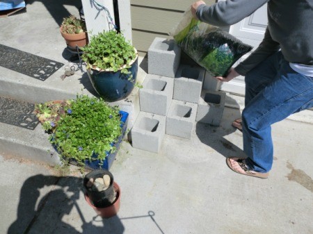 Cinder Block Step Planter - adding gravel