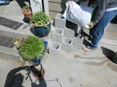 Cinder Block Step Planter - adding soil