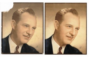 A vintage photo of a man before and after restoration.