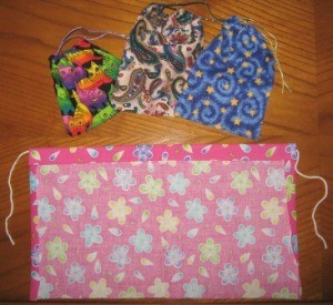 Small fabric bags made from fabric scraps.