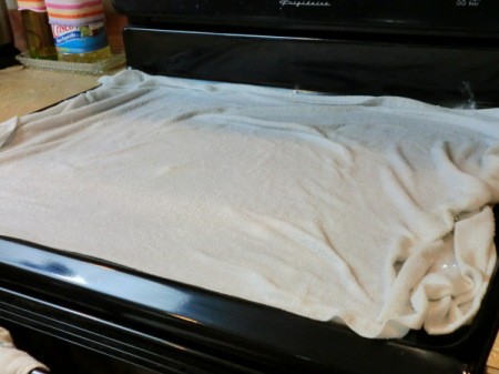 A rag, spread out on a smoothtop stove.