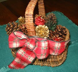 Basket filled with pinecones.