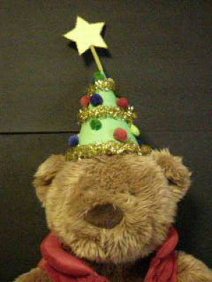 Little Christmas tree hat on stuffed bear.