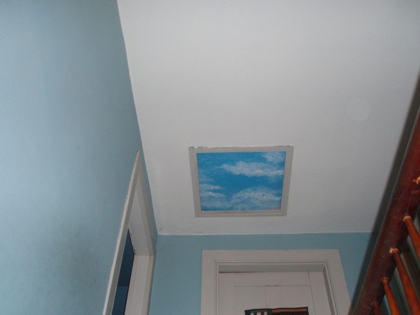 Faux painted sky light to disguise the attic access panel.