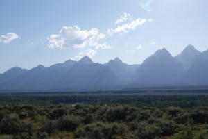 Distant view of mountains taken on car trip.