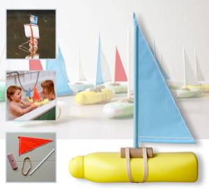 Bottle sailboat, materials, and children playing with the boat.