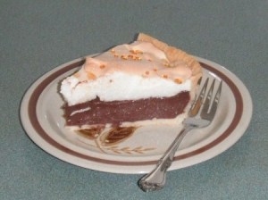 Slice of pie on plate with a fork.