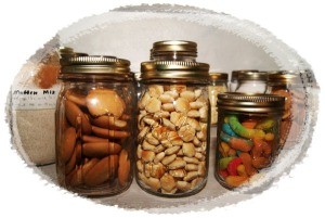Food stored in glass canning jars.