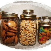 Food stored in glass canning jars.