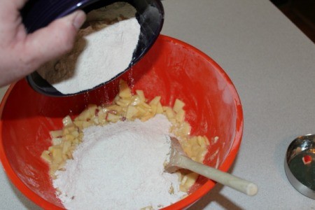 Adding dry ingredients to wet apple bread ingredients