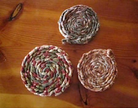 Braided and coiled fabric coasters.