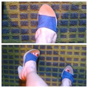 Blue slide on heels.
