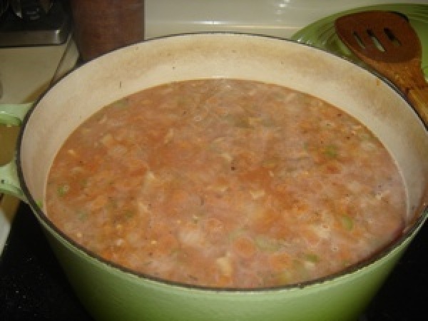 A pot of homemade bean with bacon soup