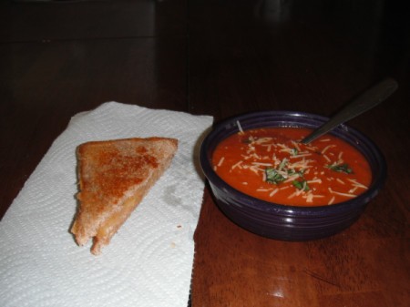 Basil tomato soup with grilled cheese