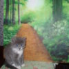 A gray and white kitten sitting on a chair with a painted path behind.