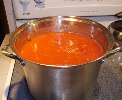A pot of tomato sauce being cooked.