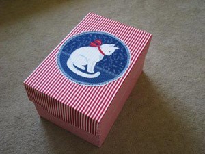 Cardboard box with cat decoration.