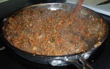 $10 Dinners: Soft Tacos - A pan of cooked ground beef for taco meat.