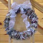 Christmas wreath made from crafting scrap fabric pieces.