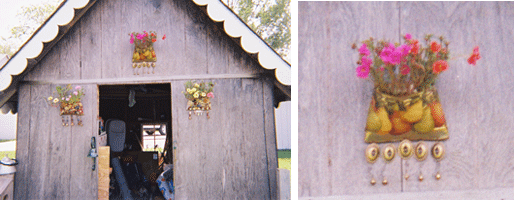 Tin can wall decorations on a shed.