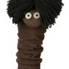 A sock puppet with shaggy yarn hair.