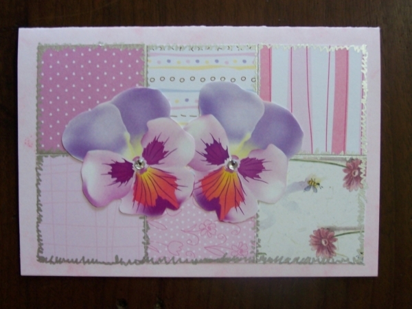 Special occasion card with pink patchwork pink squares and pansies.