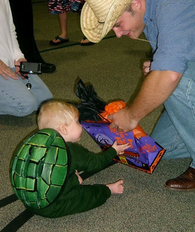 View of the helmet painted like a shell.