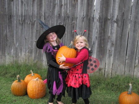 Witch and ladybug holding a pumpkin.