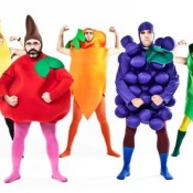 A group of men dressed up like fruit.