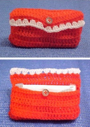 Crochet pouch for purse size tissue package.