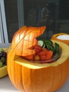 Pumpkin carved with a leaf motif for serving bowl.