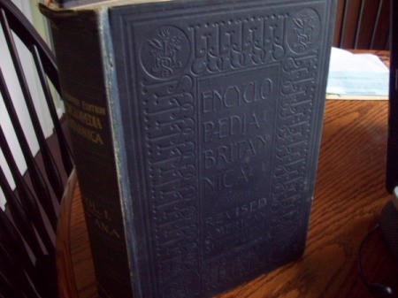 Closeup of cloth bound encyclopedia.