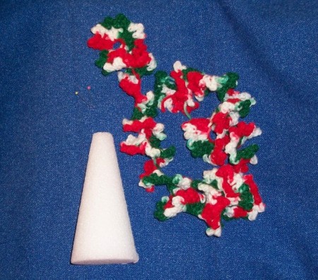 Completed crochet length and Styrofoam cone.