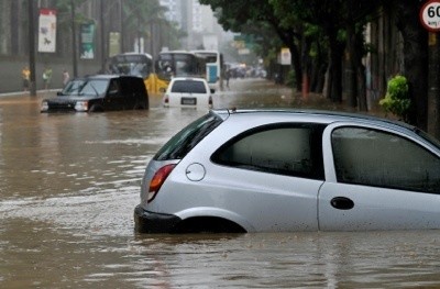 A car in a flooded street