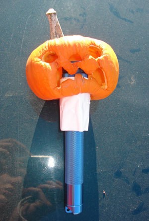 A mini pumpkin on a flashlight.
