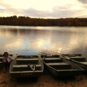 Child on lake shore near row boats.