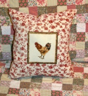 Rooster motif throw pillow.