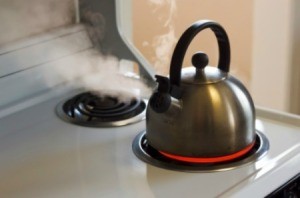 A tea kettle on a stovetop.