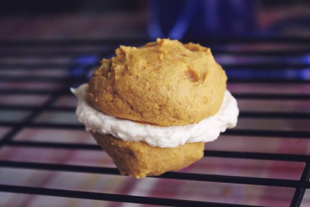 Filled and finished pumpkin whoopie pies.