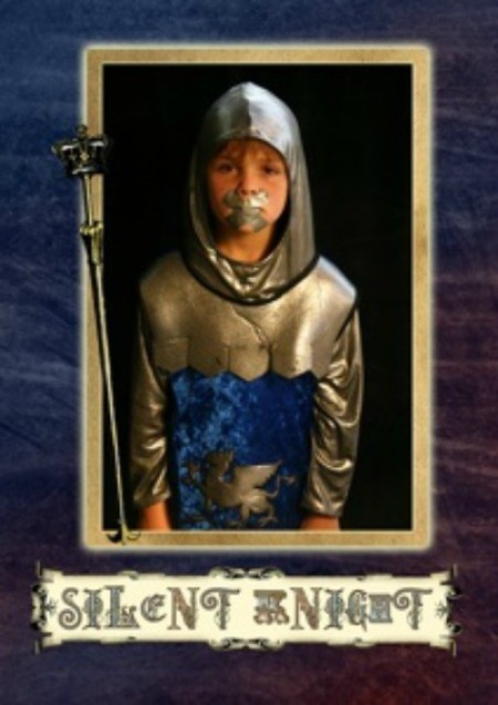A Christmas card showing a knight with duct tape over his mouth