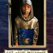 A Christmas card showing a knight with duct tape over his mouth