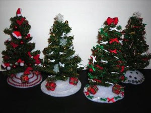 Small decorated Christmas trees.