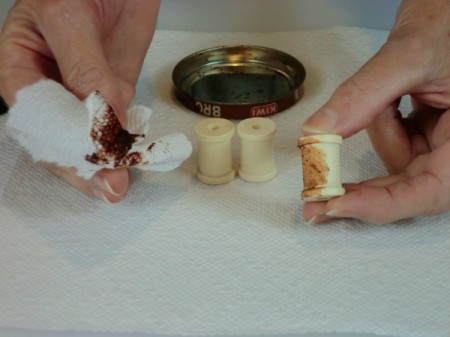Staining spool with shoe polish.