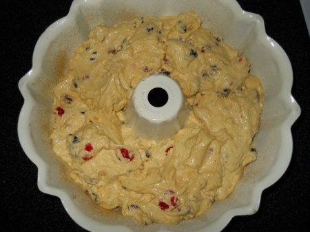 Uncooked batter in bundt pan.