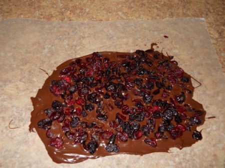 Fruit added to melted chocolate chips.