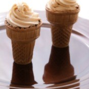 Cupcake baked in ice cream cones with frosting on top.
